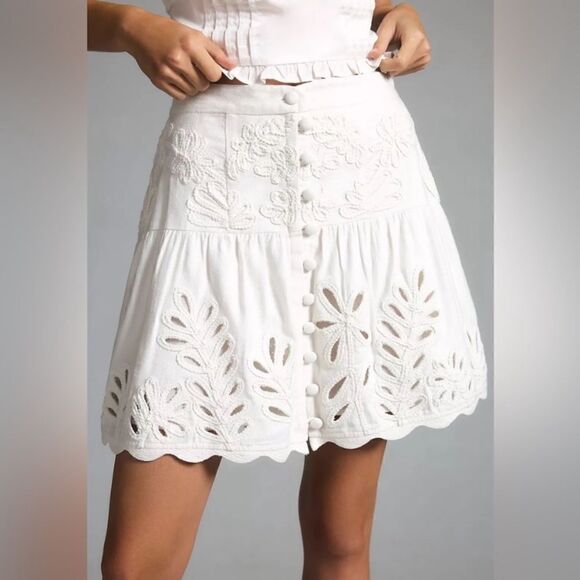 Anthropologie Ivory Drop-Waist Embroidered Eyelet Skirt - Picture 2 of 11